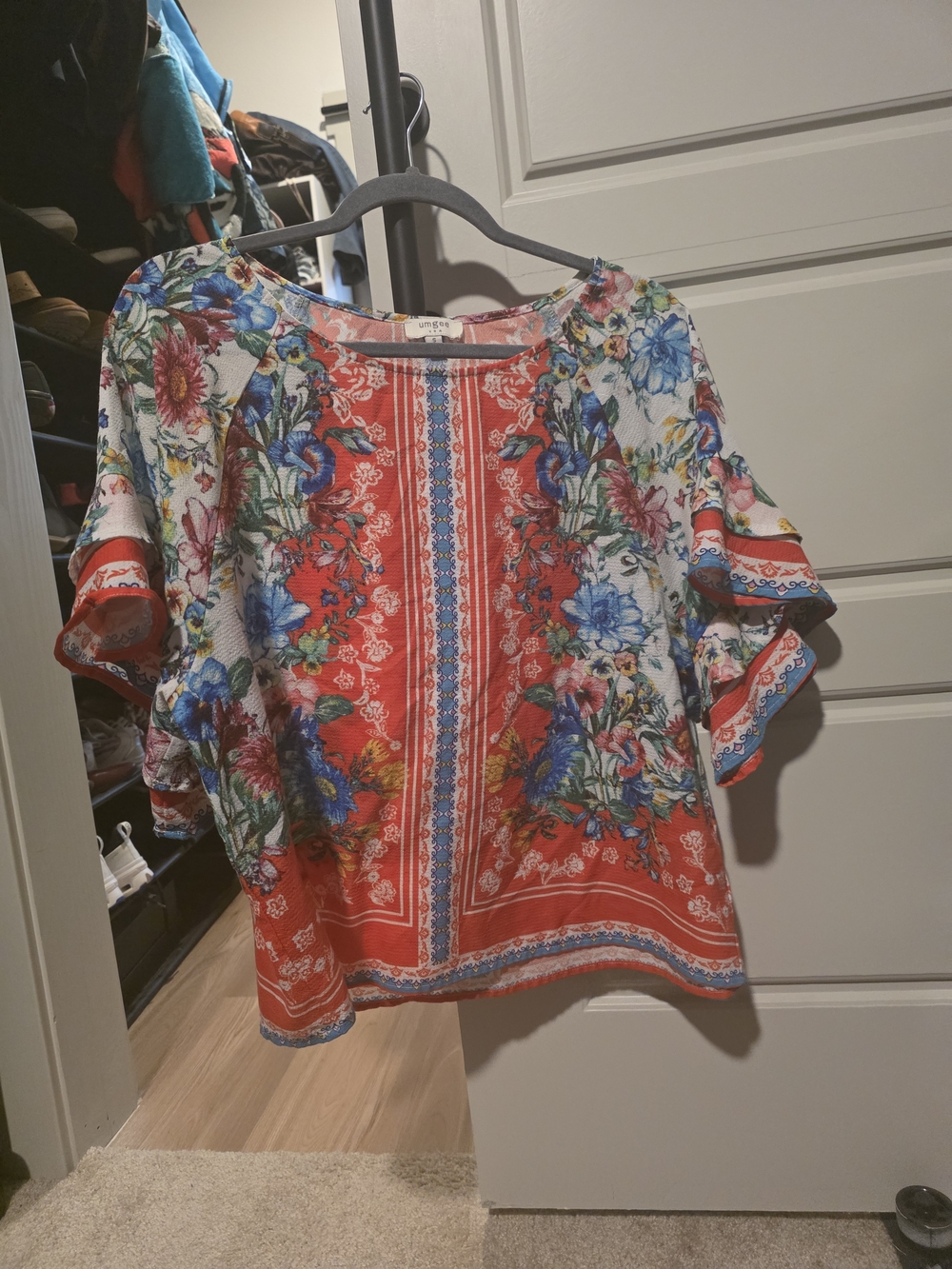 Umgee Red Floral Boho Short Sleeve Blouse